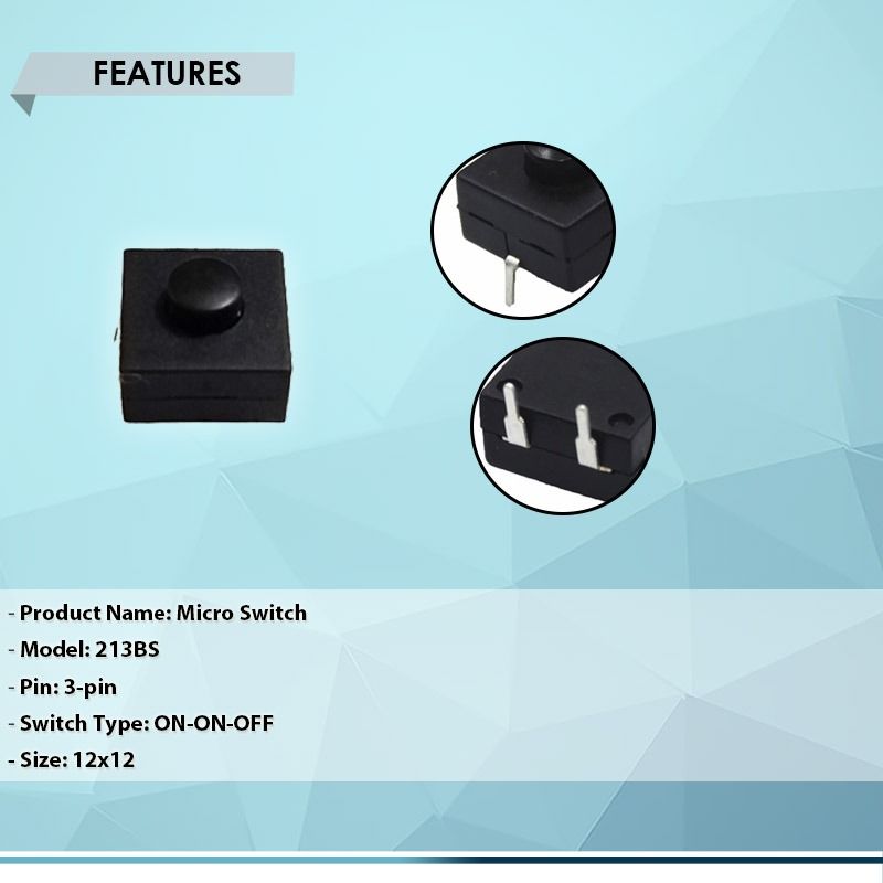 MICRO SWITCH 3-PIN ON-ON-OFF 213BS 12x12, DOUBLE ROW VERTICAL LED FLASHLIGHT SWITCH (Category: Electrical, Adaptors & Sockets) located in Quezon City. Submitted by besteinpc (Listing ID 1297258911, Image 2). Description: MICRO SWITCH 3-PIN ON-ON-OFF 213BS 12x12, DOUBLE ROW VERTICAL LED FLASHLIGHT SWITCH FEATURES: 👉Product Name: Micro Switch 👉Model: 213BS 👉Pin: 3-pin 👉Switch Type: ON-ON-OFF 👉Size: 12x12 BENEFITS: 👉Excellent touch switches, l