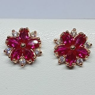 Ruby Sakura Design Earrings. 18K Rosegold plating. Platinum.