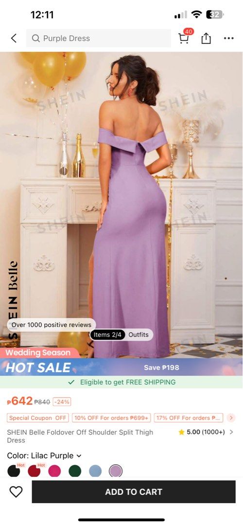 Shein Foldover Off Shoulder Split Thigh Dress (Category: Evening dresses & gowns) located in Taytay. Submitted by jadelejano (Listing ID 1297265786, Image 3). Description: Used Once in wedding event. Size Small Lilac .