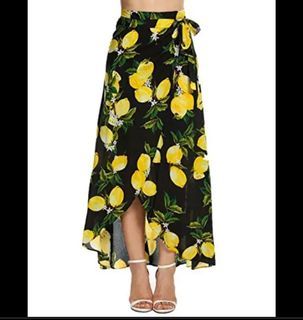 summer maxi wrap skirt long skirt with lemons - summer skirt beach wrap around skirt lemons - sunny yellow - FREESIZE