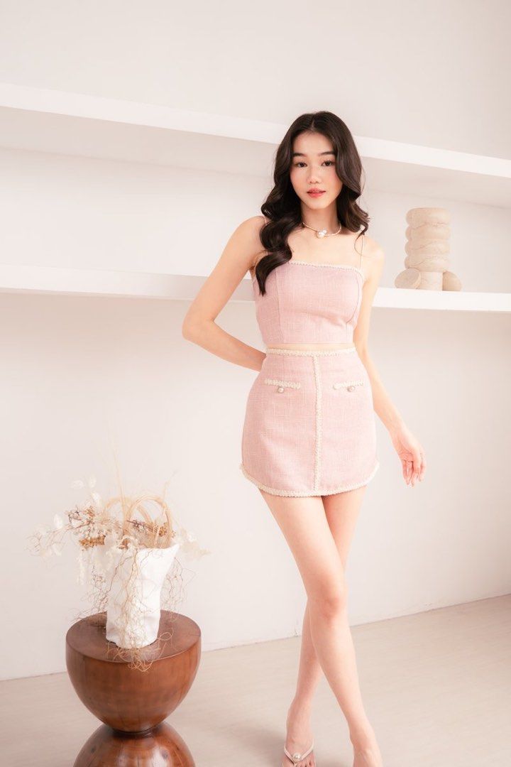 Valencia Gold Trimmings Tweed Co ords Pink Women s Fashion Dresses Sets Sets or Coordinates on Carousell