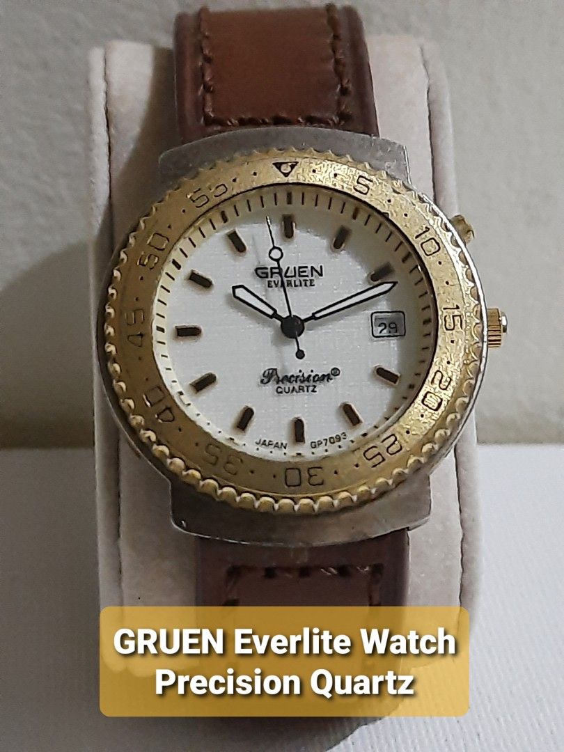 Vintage GRUEN Everlite Precision Quartz for Men (Category: Men's Watches) located in Manila. Submitted by expat_collections (Listing ID 1297296051, Image 1). Description: ☆ Vintage Gruen Everlite Precision Watch 219610 is a rare find ☆ Weight is 50 grams and very light to wear ☆ 37mm Diameter and 8mm Thickness ☆ Made of stainless steel material back/base steel bezel and gold plated face ☆ Analog white dial, H, M, S ☆ Date at 3 o'clock position ☆ 