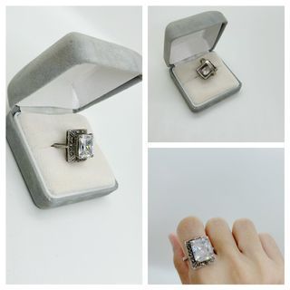 Vintage  Silver Clear Stone Marcasite Cocktail  Ring