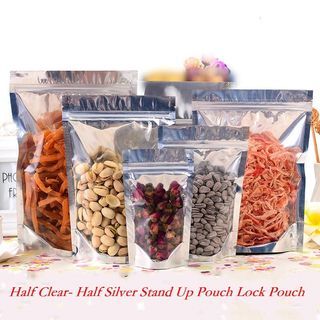 50pcs Half Silver Aluminum Half Clear Stand Up Pouch with Zip Lock Packaging Plastic Sealing Bag