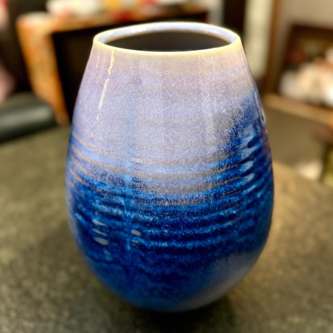 日本京燒均窯釉山崎光洋作流釉窯變藍色陶瓷花瓶** （實物更漂亮 