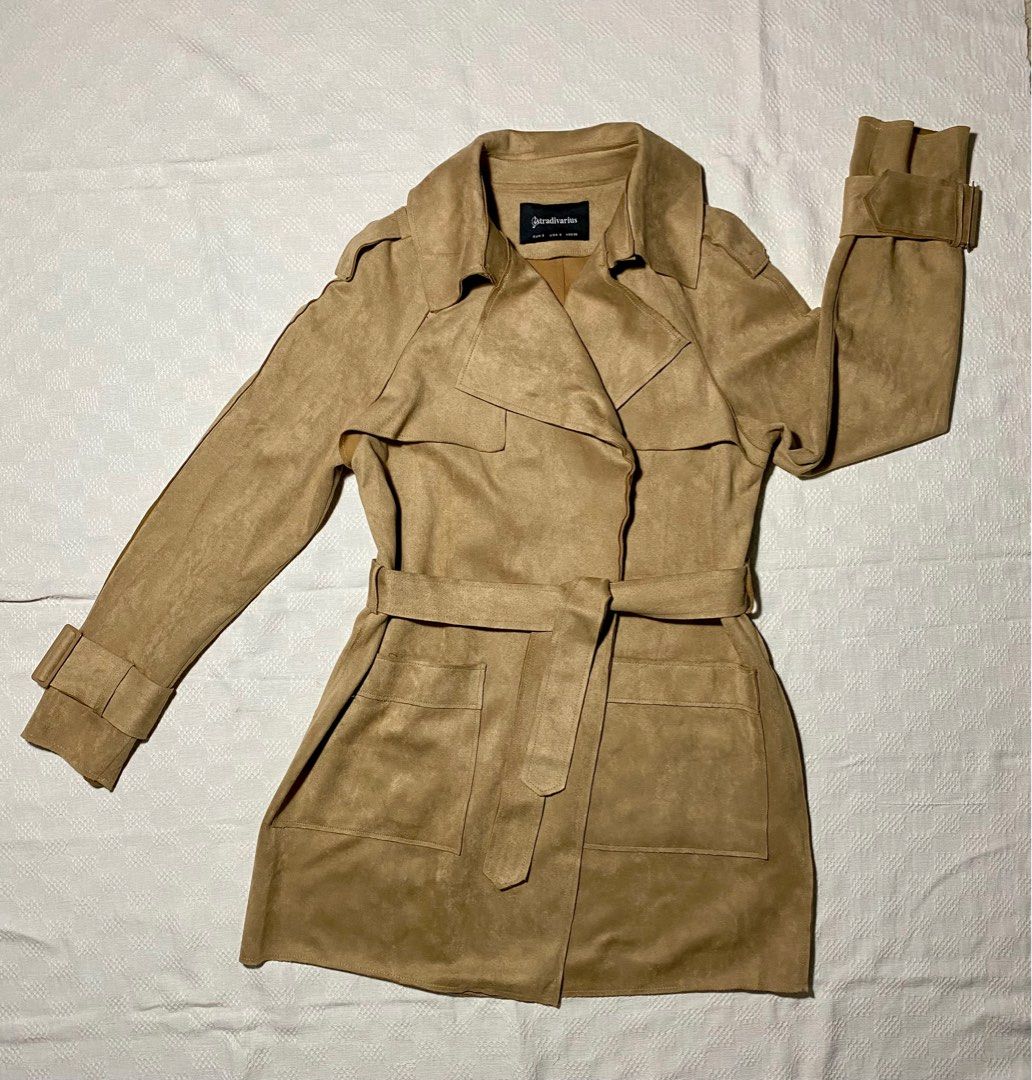 Authentic Stradivarius Faux Suede Trench Coat Small Women s Fashion Coats Jackets and Outerwear on Carousell