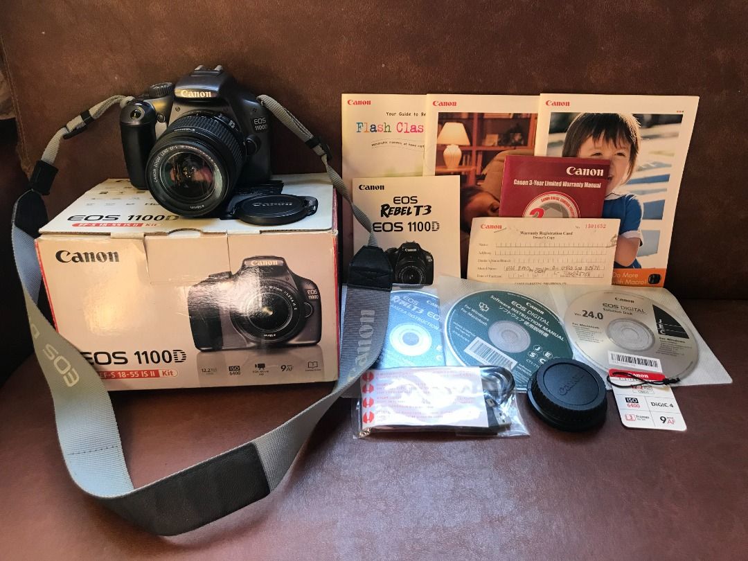 CANON EOS 1100D (Category: Cameras) located in Mandaluyong City. Submitted by Laney223 (Listing ID 1297407855, Image 1). Description: 12.2 MP Bought Brand new RFS: Rarely used ORIGINAL BOX AND CONTENT INCLUDED CONTENTS: Digital Camera EOS 1100D Zoom Lens EF-S18-55mm Wide strap EW-200D Battery Charger LC-E10E Battery Pack LP-E10 Interface Cable Software (CD-ROM) Manual (Instruction and 3 Photography Manual) Memory card not included.