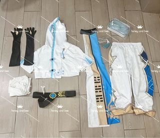 Genshin Cosplay Chongyun Default Anime Game Costume and Wig White Blue Hoodie Top and Pants Belt Gloves Set