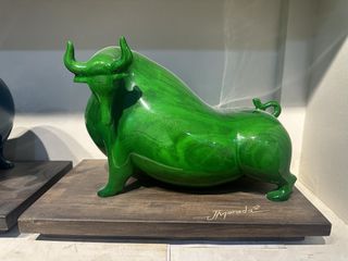 Green Bull sculpture by Jerry Morada