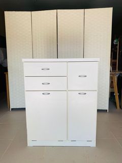 JAPAN SURPLUS FURNITURE WHITE UTILITY CABINET WITH TRASH BIN BASKET  3 DOORS   SIZE 28.75L x 12.20W x 34.5H in inches  (AS-IS ITEM) IN GOOD CONDITION