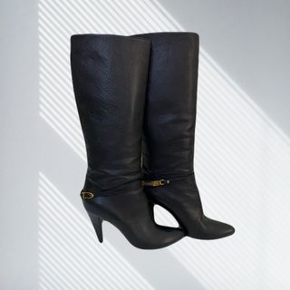 Just Cavalli Black Leather Belted Boots with Gold Lining - On Sale