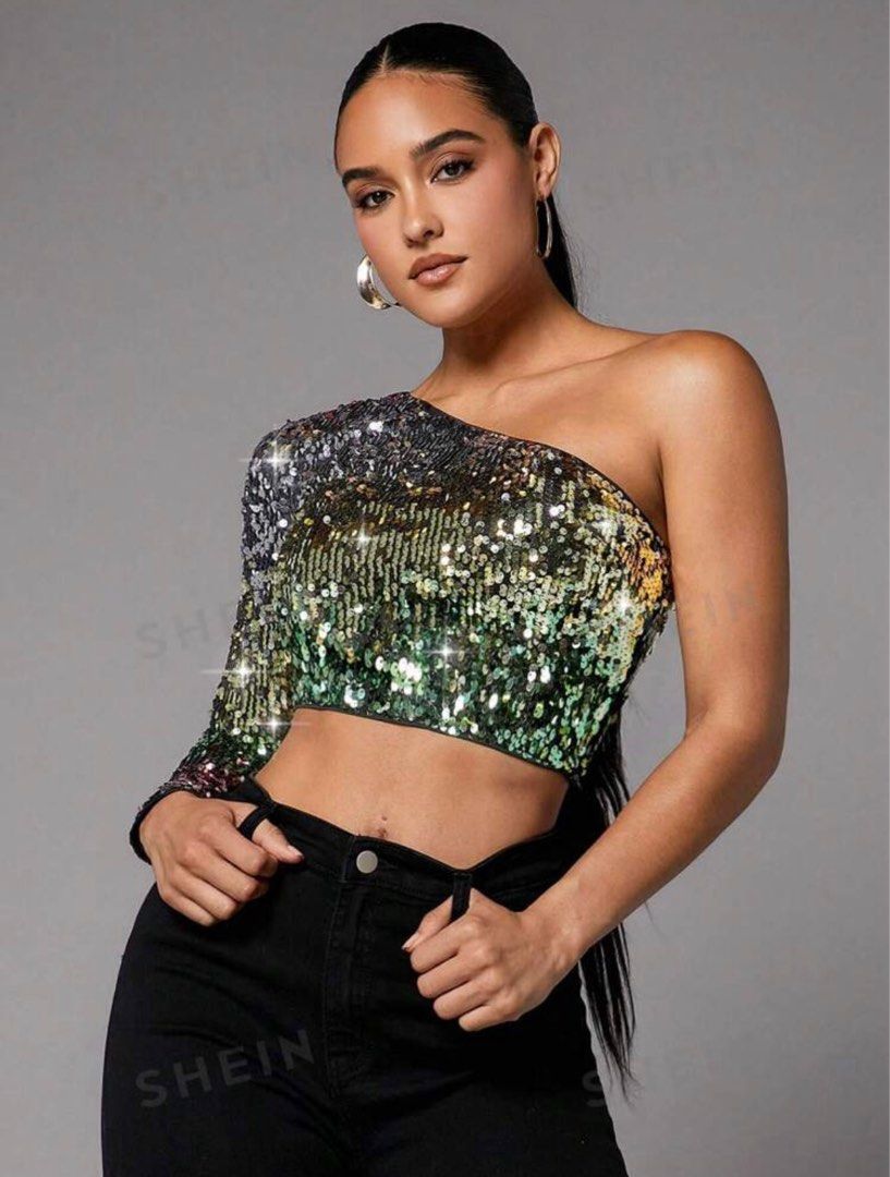 One Shoulder Sequin Crop Top (Category: Sleeveless) located in Quezon City. Submitted by chamibee (Listing ID 1297469729, Image 2). Description: USED FOR 4 HOURS SMALL TO SEMI-LARGE FRAMES.