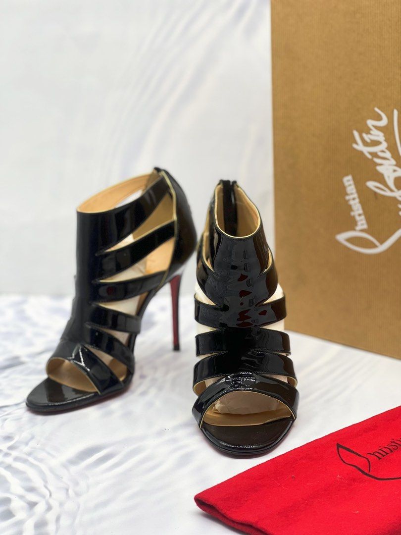 RAYA SALE CHRISTIAN LOUBOUTIN BALCK PATENT LEATHER BEAUTY K CAGE SANDALS SIZE 35 FULL SET