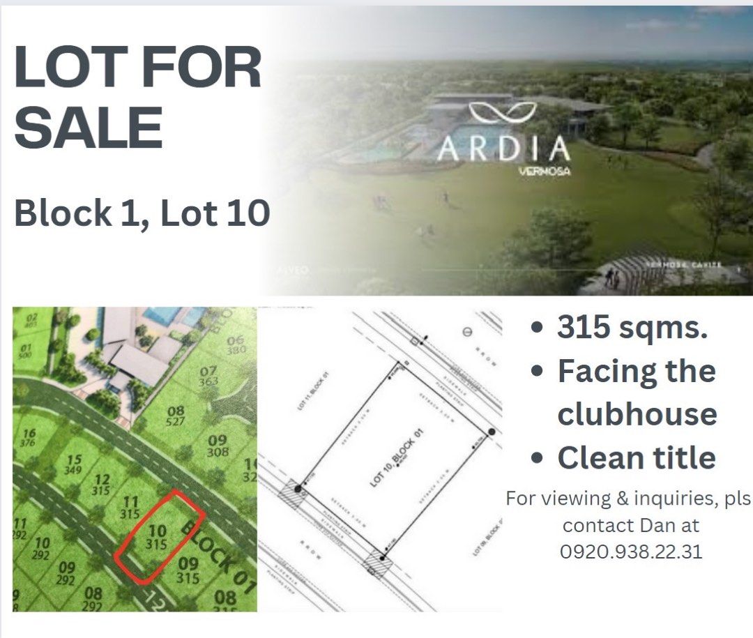 RUSH SALE ARDIA VERMOSA (Category: Lot) located in Makati City. Submitted by dandinpadlan (Listing ID 1237992666, Image 3). Description: Own this rush sale super premier lot facing the clubhouse and facing East 315 sqm lot along Ardia avenue. Single loaded lot and very rare. Negotiable.