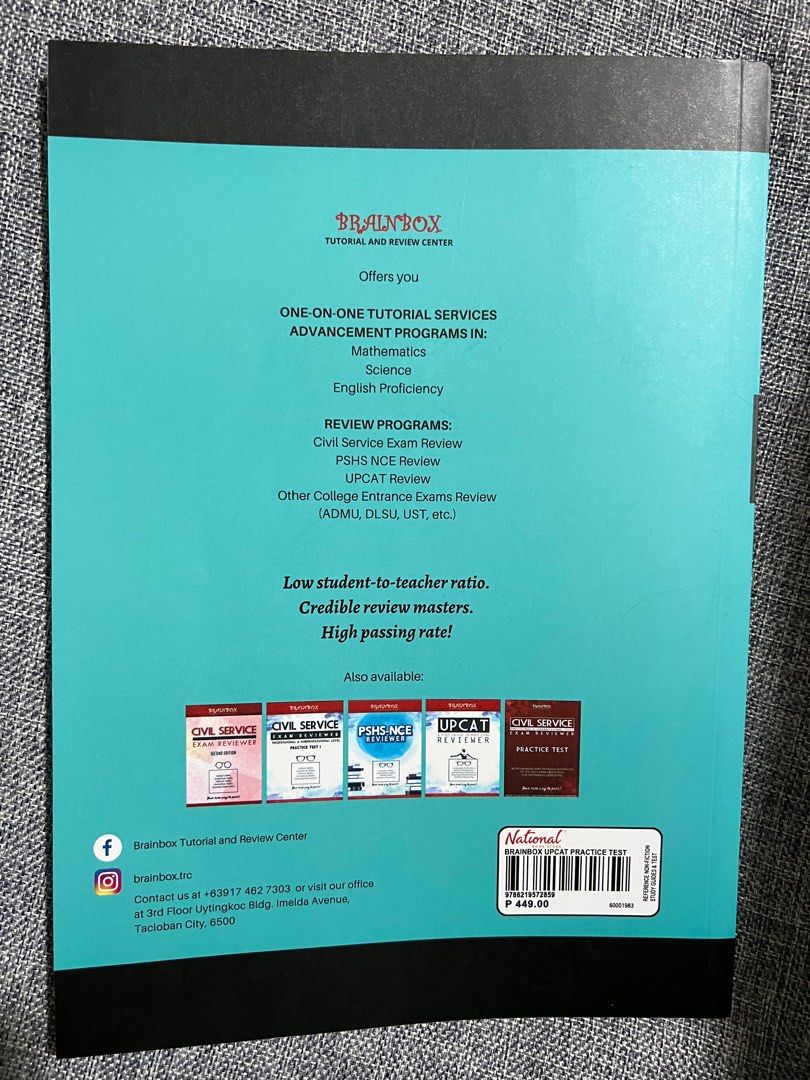 UPCAT and other CETS Brainbox Reviewer (Category: Textbooks) located in Manila. Submitted by hannah.bird (Listing ID 1297506885, Image 2). Description: Bought this last year for Php 450 at NBS. Only two pages are written on, besides this, no flaws. Selling for only Php 400. .