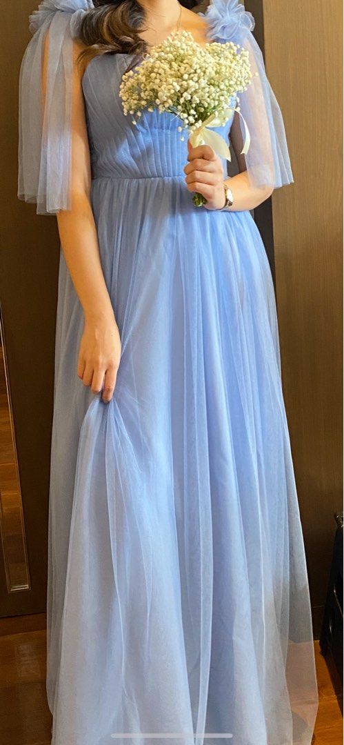 Vee Tan Dusty Blue Tulle Gown For Rent Women s Fashion Dresses Sets Evening dresses gowns on Carousell