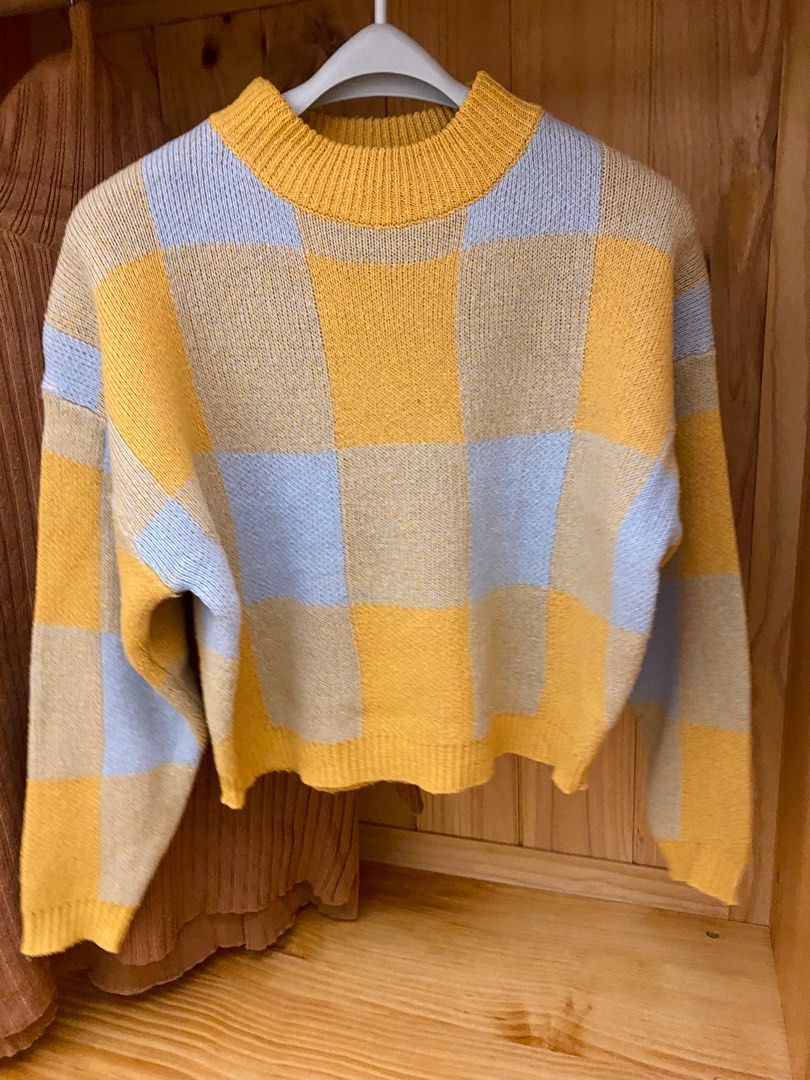 Vintage Plaid check wool knitted sweater Brown turtleneck Sweater cardigan yellow women s top long