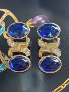 Vintage Signed Monet Royal Blue Cabochons Stud Earrings