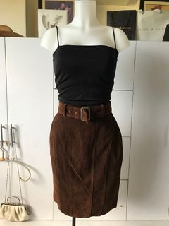 Vintage Voltage Dark Brown Suede Zip up Belted Pencil Midi Skirt