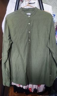 ZARA Men's Relaxed Fit Green Half Button Up Shirt Long Sleeve