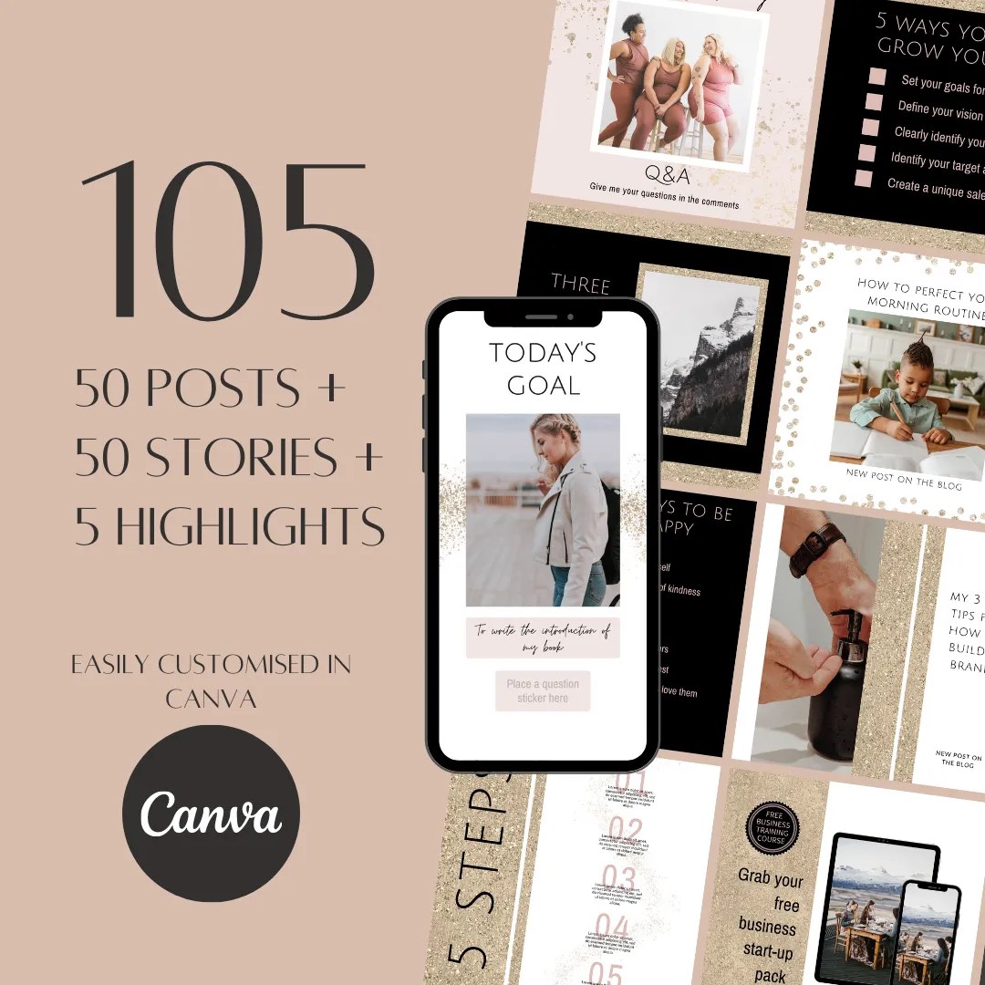 105 Social Media Canva PALE GOLD Instagram Branding Package Templates ...