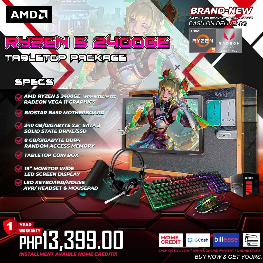 AMD RYZEN 5 2400G COMPUTER PACKAGE, PISONET TABLETOP/SINGLE/TWIN PISONET