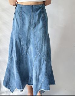 Asymmetrical denim maxi skirt