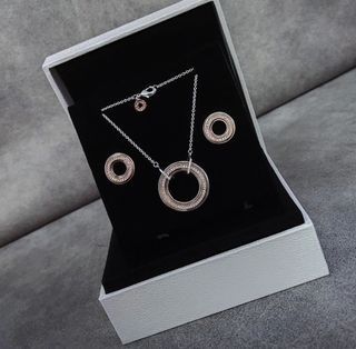 ◾BIG SALE PANDORA SIGNATURE TWO TONE INTERTWINED CIRCLES NECKLACE and STUD EARRINGS SET ◾