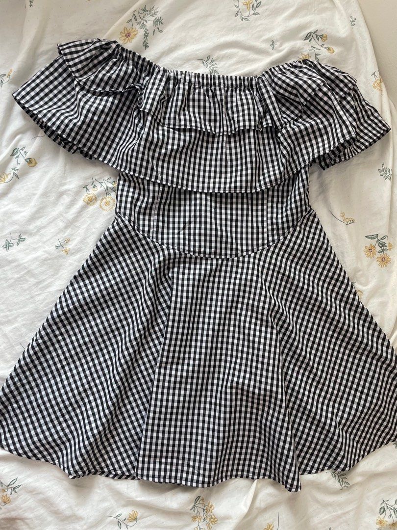 Black White Checkered Off Shoulder Dress Material Girl L
