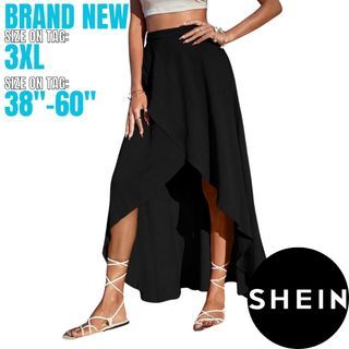 Brand New 3XL SHEIN Black Summer Short Skirts Solid High Low Hem Maxi Skirt High Waist Garterized Wrap | Plus size