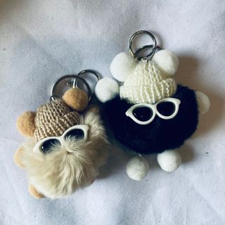Brand New! Fluffy Munchkin Furry Pompom Taupe and Black Keychain and Bag Charms