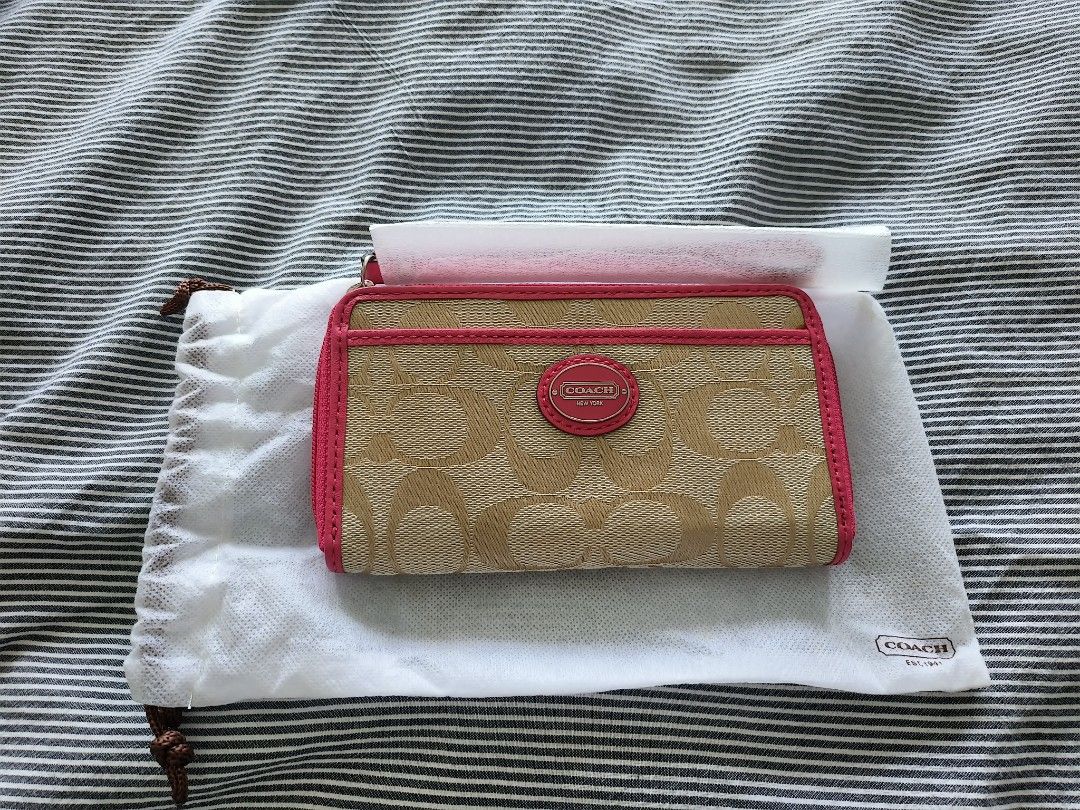 Coach Fuchsia Tan Signature Wristlet Zip Purse Women s Fashion Bags Wallets Purses Pouches on Carousell