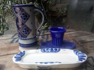 Collectible Vintage Salt Glazed Ceramic Beer Sten Mug Plus Candleholder and Dish