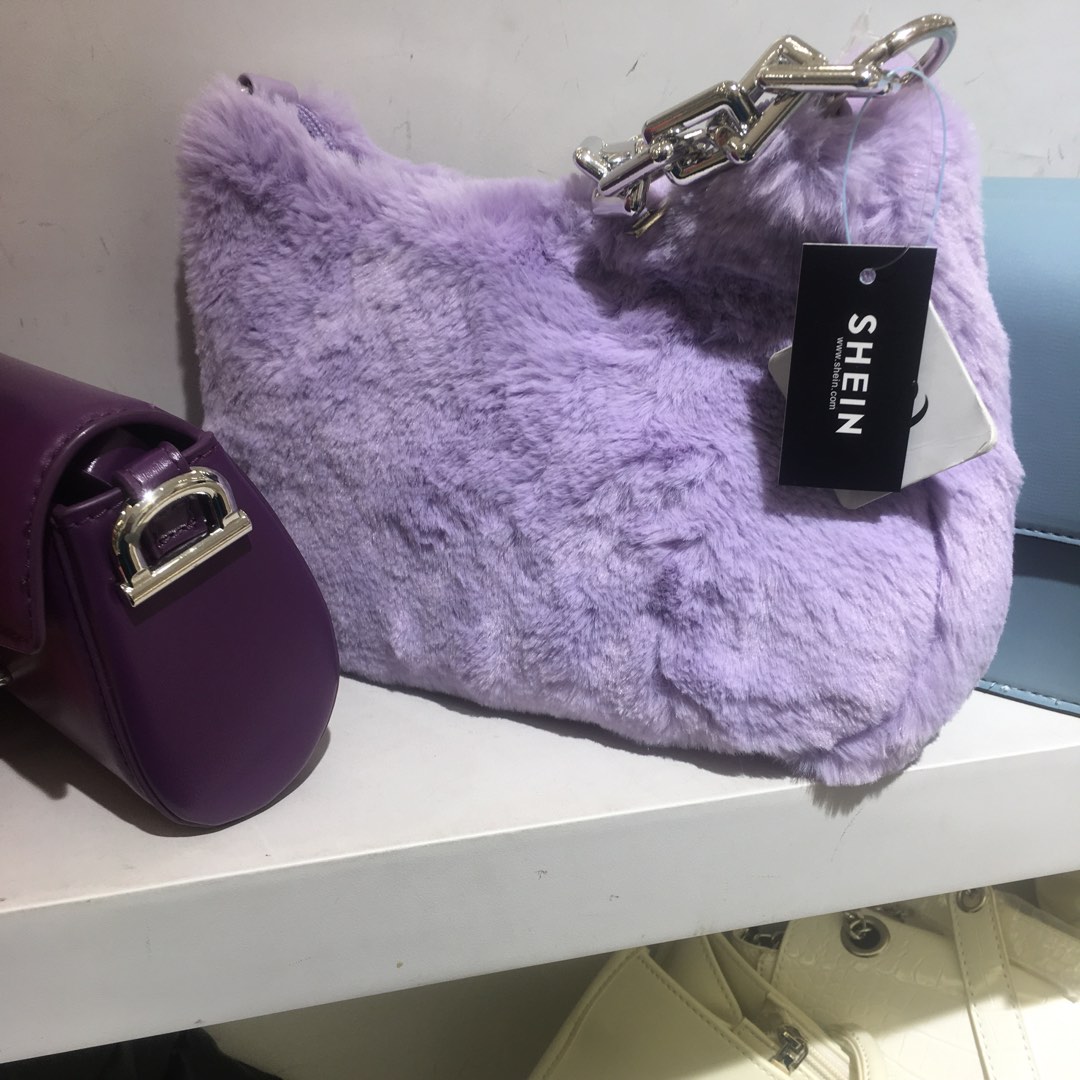 Fur purple women bag silver chain