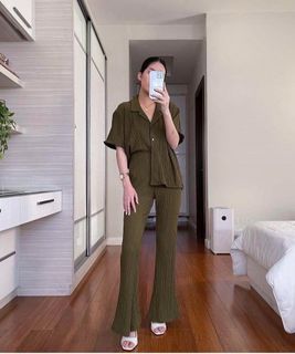 H&M Olive Green Pleated Polo & Flared Pants Coordinates Set