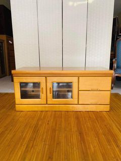 JAPAN SURPLUS FURNITURE TV CABINET WITH GLASS DOOR  2DRAWERS  ADJUSTABLE SHELVES  SIZE 47L x 17.5W x 20.5H in inches FG018  (AS-IS ITEM) IN GOOD CONDITION