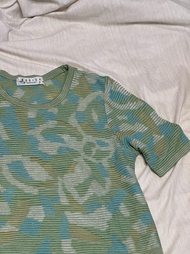 Knitted Matcha Pastel Cropped Top aesthetic (Category: Shirts) located in Pasig City. Submitted by cinarty.shops (Listing ID 1300963302, Image 1). Description: HQ knitted ROGICA semi ish cropped top Size S/P For the cute aesthetic girlies (No flaws aside from the marks on the tag) LIKE NEW.