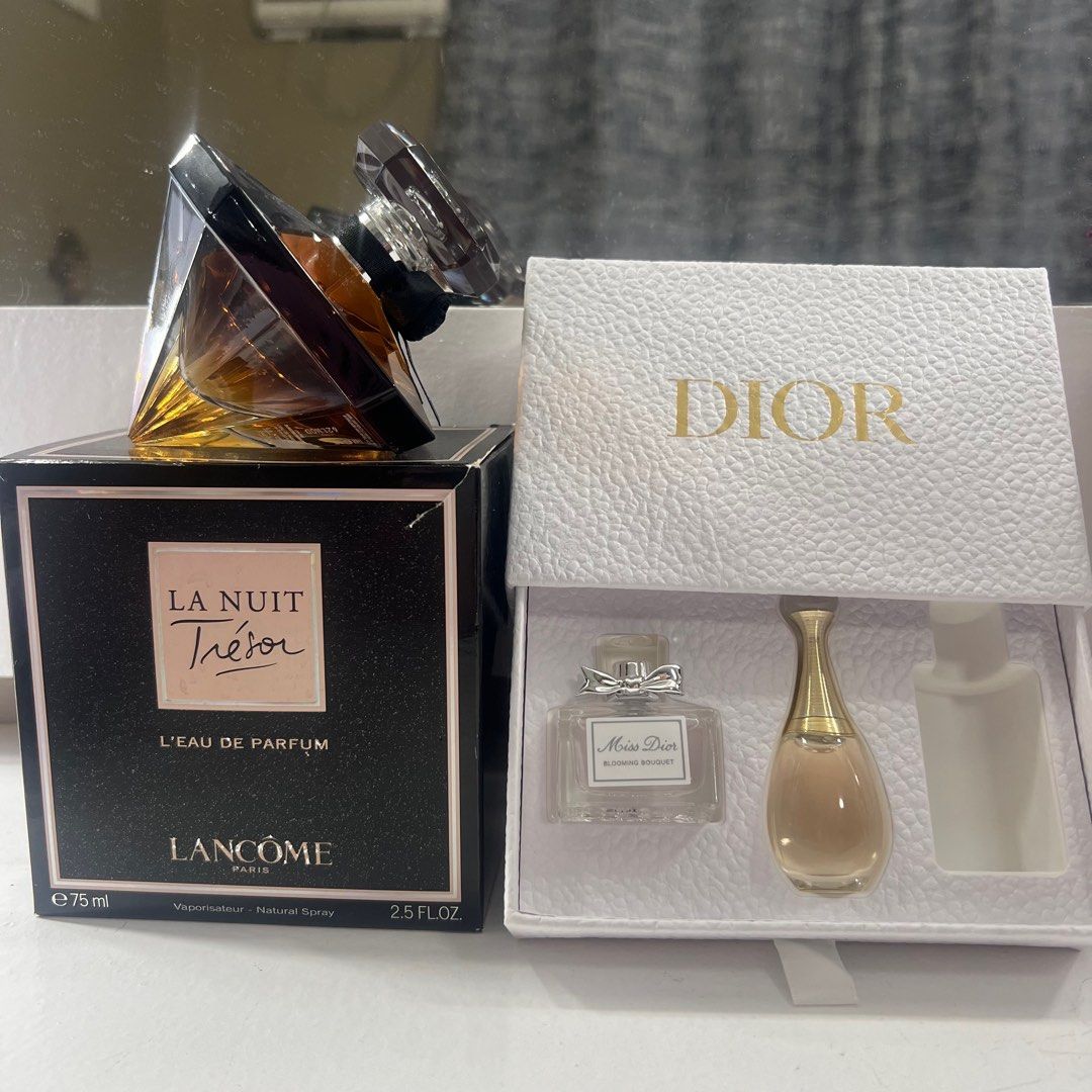 LANCOME/DIOR BUNDLE (Category: Fragrance & Deodorants) located in Paranaque City. Submitted by chinitamaria (Listing ID 1301124418, Image 1). Description: DIOR minis: brandnew - Selling 5ml miss dior blooming bouquet & jadore edp. - got it at duty free korea - rfs: i have the big versions na ☺️ Lancome: - 75ml ( not tester ) - got this late 2022 to early 2023 i forgot na/ authentic from USA - tried once // pinabuy ko and blind buy siya - not my t