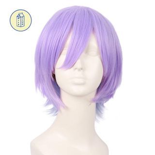 MapofBeauty Purlple 12 Inch Anime Cosplay Short Curly Synthetic Wig | Side Bangs | Gray Blue/Light Purple | Party Halloween