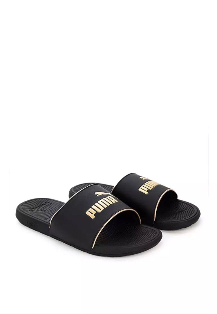 Brand new Puma slides black gold pop up metal Women s Fashion Footwear Flipflops and Slides on Carousell