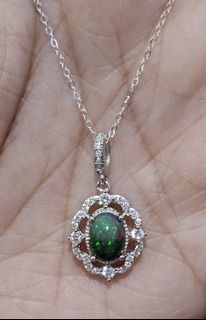 S925 Necklace Black Opal Flower Charm