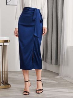 💙SHEIN Privé💙 Tie Side Split Hem Satin Skirt Workwear