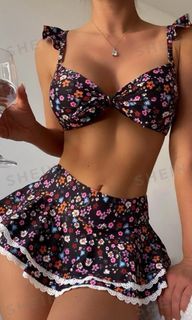 Shein Swimsuit Ditsy Floral Print Bikini Set Frill Trim Knot Front Bra & Two Layered Micro Skort