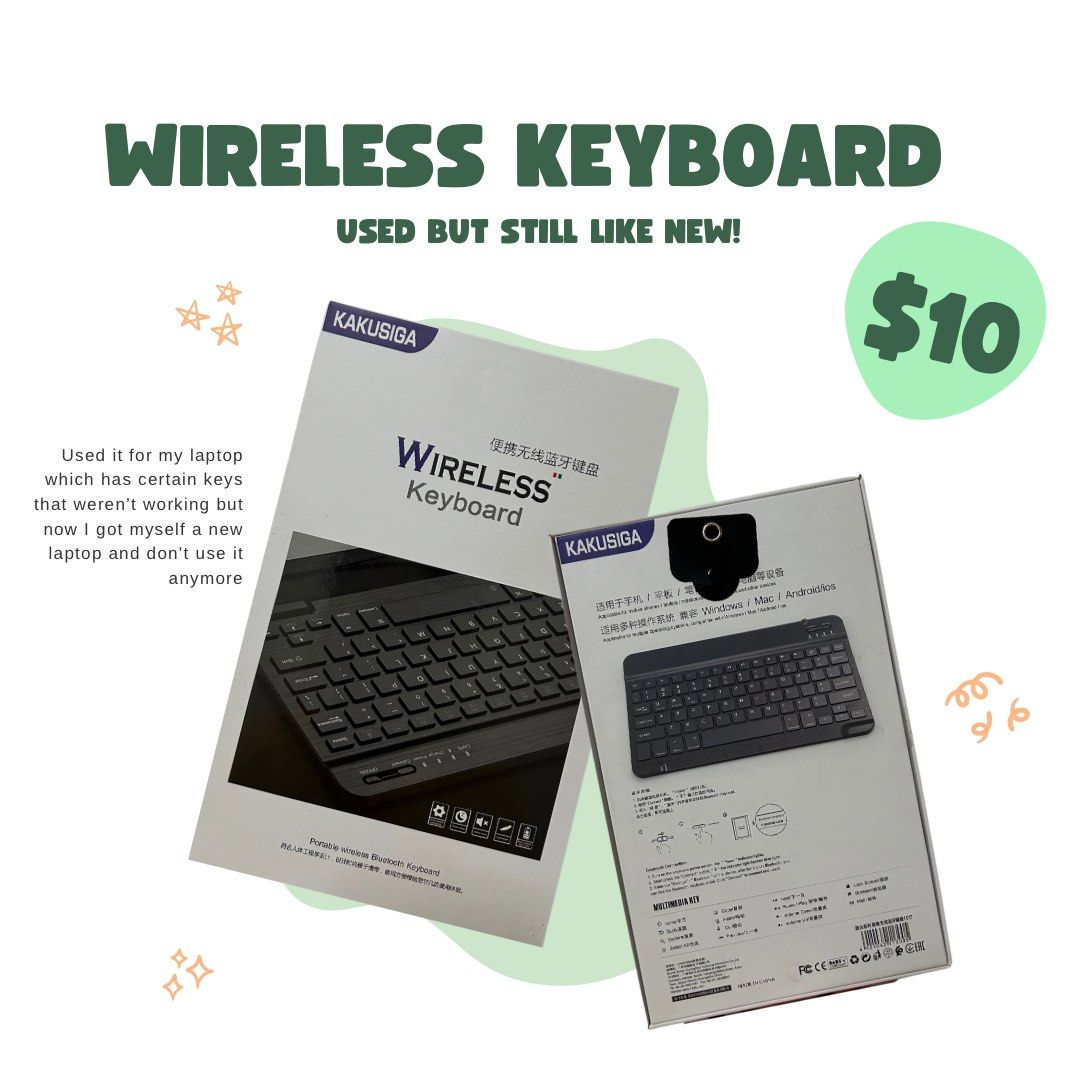 Wireless keyboard (Category: Computer Keyboard) located in Singapore. Submitted by nauxyy (Listing ID 1301034652, Image 1). Description: It’s quite small as I used it shortly for my old laptop before getting a new laptop! TBH, it’s fairly new! And once fully charged it can be used for quite long. Not bad actually just that I don’t really use it anymore 9.7 inch! .