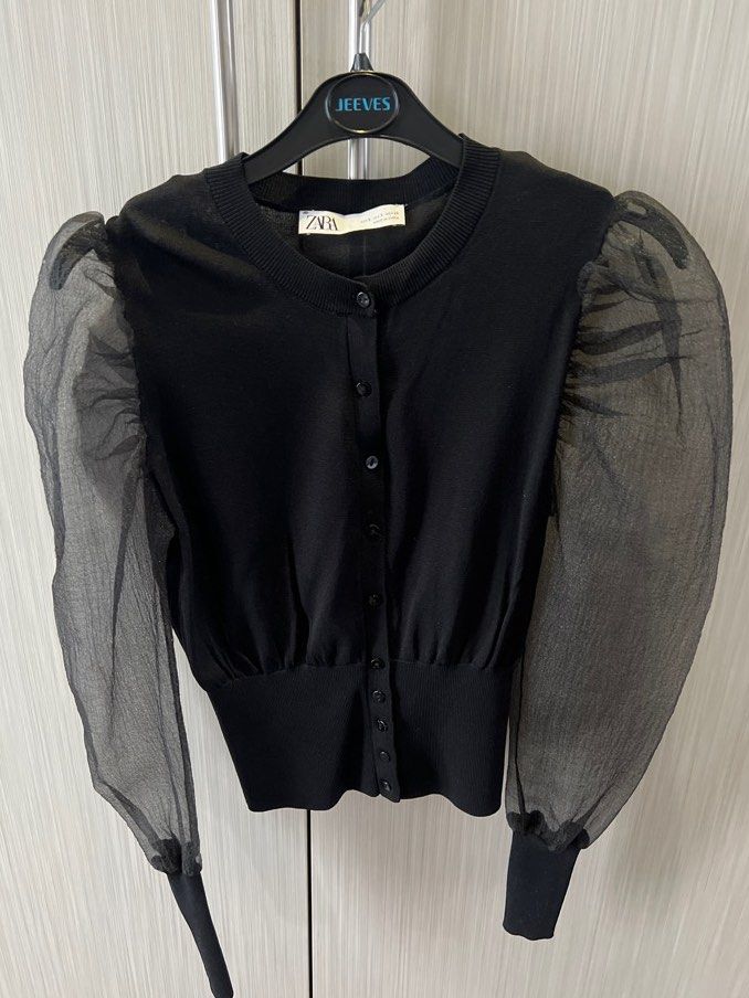 Knit cardigan with organza sleeves hot sale