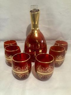 1950's Ferro & Lazzarini Italian Murano Glass 10" Decanter Set 8 Pc Ruby Red 24K Gold Floral Scroll with Stopper and Glasses