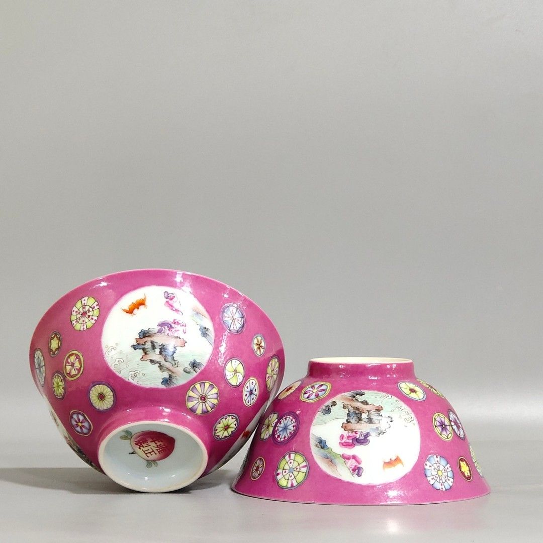 粉彩蝶々花樹紋杯 一対 雍正御製 款 清時代 擺件 中国古玩 中国