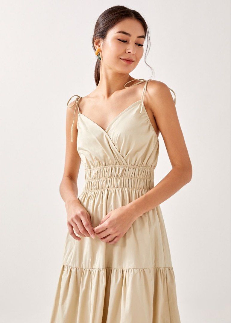 Alina Smocked Tie Shoulder Maxi Dress Women s Fashion Dresses Sets Dresses on Carousell