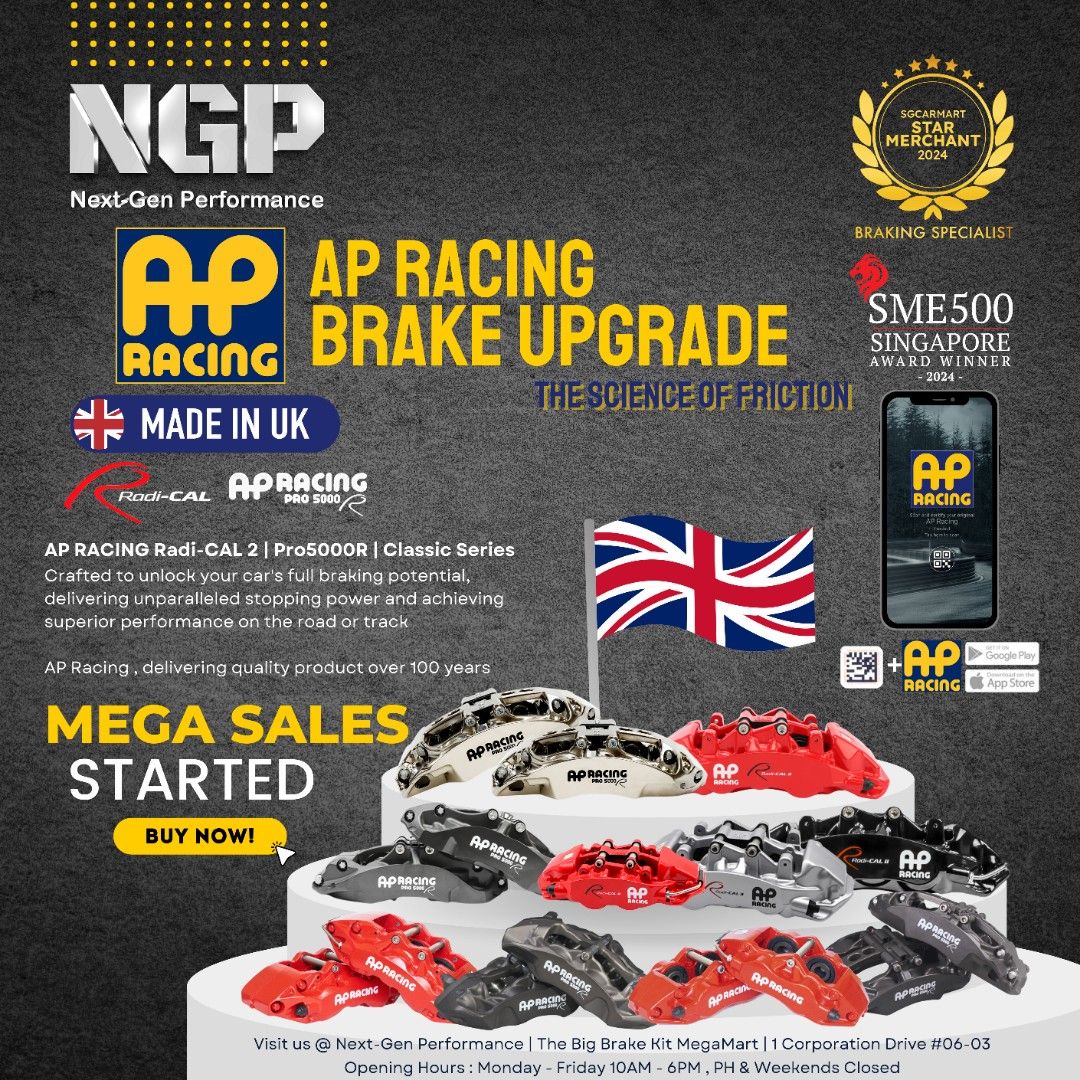 AP Racing Fire Sales CP9200,CP9040,CP9660,CP9665,CP9668,CP7600 CP9449 PRO5000R RADICAL2 (Category: Accessories) located in Singapore. Submitted by next-genperformance (Listing ID 1291394975, Image 1). Description: 🔥𝗚𝗲𝘁 𝘁𝗵𝗲 𝗕𝗲𝘀𝘁 𝐄𝐧𝐠𝐥𝐢𝐬𝐡 𝐁𝐫𝐚𝐤𝐢𝐧𝐠 𝐏𝐨𝐰𝐞𝐫 𝘄𝗶𝘁𝗵 𝗔𝗣-𝗥𝗮𝗰𝗶𝗻𝗴 𝐁𝐢𝐠 𝐁𝐫𝐚𝐤𝐞 𝐊𝐢𝐭𝐬 𝐍𝐨𝐰! 🔥 🏁 From city streets to track days, AP-Racing calipers deliver unparalleled performance and reliability �