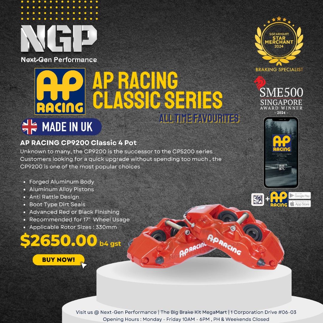 AP Racing Fire Sales CP9200,CP9040,CP9660,CP9665,CP9668,CP7600 CP9449 PRO5000R RADICAL2 (Category: Accessories) located in Singapore. Submitted by next-genperformance (Listing ID 1291394975, Image 2). Description: 🔥𝗚𝗲𝘁 𝘁𝗵𝗲 𝗕𝗲𝘀𝘁 𝐄𝐧𝐠𝐥𝐢𝐬𝐡 𝐁𝐫𝐚𝐤𝐢𝐧𝐠 𝐏𝐨𝐰𝐞𝐫 𝘄𝗶𝘁𝗵 𝗔𝗣-𝗥𝗮𝗰𝗶𝗻𝗴 𝐁𝐢𝐠 𝐁𝐫𝐚𝐤𝐞 𝐊𝐢𝐭𝐬 𝐍𝐨𝐰! 🔥 🏁 From city streets to track days, AP-Racing calipers deliver unparalleled performance and reliability �